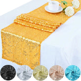 A gold sequin table runner draped over a white tablecloth with color swatches shown below.