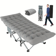 A grey folding camping cot with a tufted mattress pad, shown assembled, folded, and in a carry bag.
