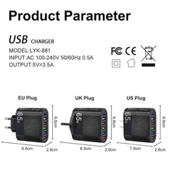 A multi-port USB wall charger shown with EU, UK, and US plug variations and dimensions.