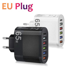 Two 65W multi-port USB wall chargers with EU plugs in black and white.
