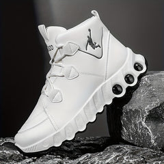 Sneakers, 1 Pair of Simple and Fashionable Mid-Top Basketball Shoes. Thickened Soft Shock Absorption, Wear-, Strong Grip PVC Sole. White/Black Solid Color PU Upper. Soft Breathable Lining. Suitable for All Seasons. Suitable f