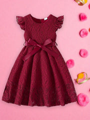 Girls Dress Lace Fly Sleeve Round Neck Casual Dress Fashion Summer Dress with Belt