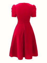 Women'S Stylish Red V-Neck Ruffle Swing Dress - Fitted, Short Sleeve, Belted, Perfect for Spring/Summer, Casual to Formal Attire, Casual Attire | Ruffle Detail | Vneckline Dress