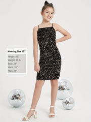 Girls Sparkling Black Sequin Velvet Bodycon Mini Dress with Bow - Spaghetti Strap Party Dress for Dance Recitals, Birthdays & Special Occasions, Birthday Celebration Outfit | Sleek Silhouette Design, Dresses for Girls