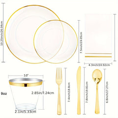 A set of clear plastic plates, gold-rimmed cups, gold cutlery, and napkins with dimensions.