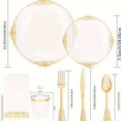 A set of clear plastic plates, cups, and gold-toned cutlery with ornate decorative edges.