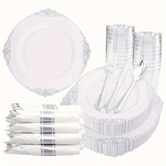 A 350-piece white and silver plastic dinnerware set for 50 guests with plates, cutlery, and cups.