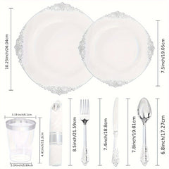 A set of white plastic plates, silver cutlery, cups, and napkins with dimensions labeled.