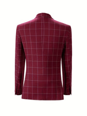 A back view of a slim-fit, burgundy suit jacket featuring a white grid plaid pattern.