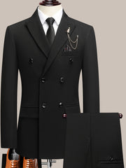 Youth Lapel Double Breasted Suit Set, Business Casual Solid Color Two-piece Set, Four Season Universal Graduation Ceremony Formal Attire, Interview Performance Dress Suit