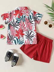 Children's tropical leaf print shirt and shorts set by Trendsi, featuring vibrant green leaves on lightweight fabric.