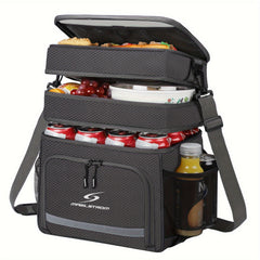 A black Maelstrom insulated lunch cooler bag with multiple compartments filled with food and drinks.