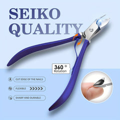 A pair of blue-handled stainless steel nail nippers with a rotating spring mechanism.