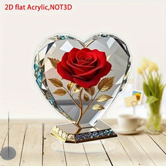 A flat, heart-shaped acrylic ornament featuring a red rose and golden leaves on a decorative base.