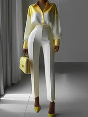 Women'S Color Block Long Sleeve Blouse with Lapel Collar and Button Front - Stylish Casual Patchwork Shirt for Casual Attire, Yellow and White, Polyester Fabric, Long Sleeve Blouse