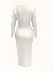 A back view of a long-sleeved, white bodycon dress with a V-neckline.