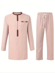 African Ethnic Style Men'S Casual Suit with Print Shirt, Slit Pants, and Drawstring Waist 2pcs Set