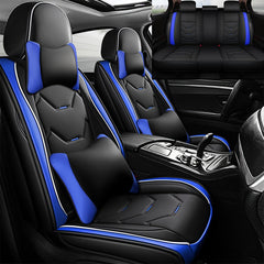 Black and blue faux leather car seat covers with matching pillows for front and rear seats.
