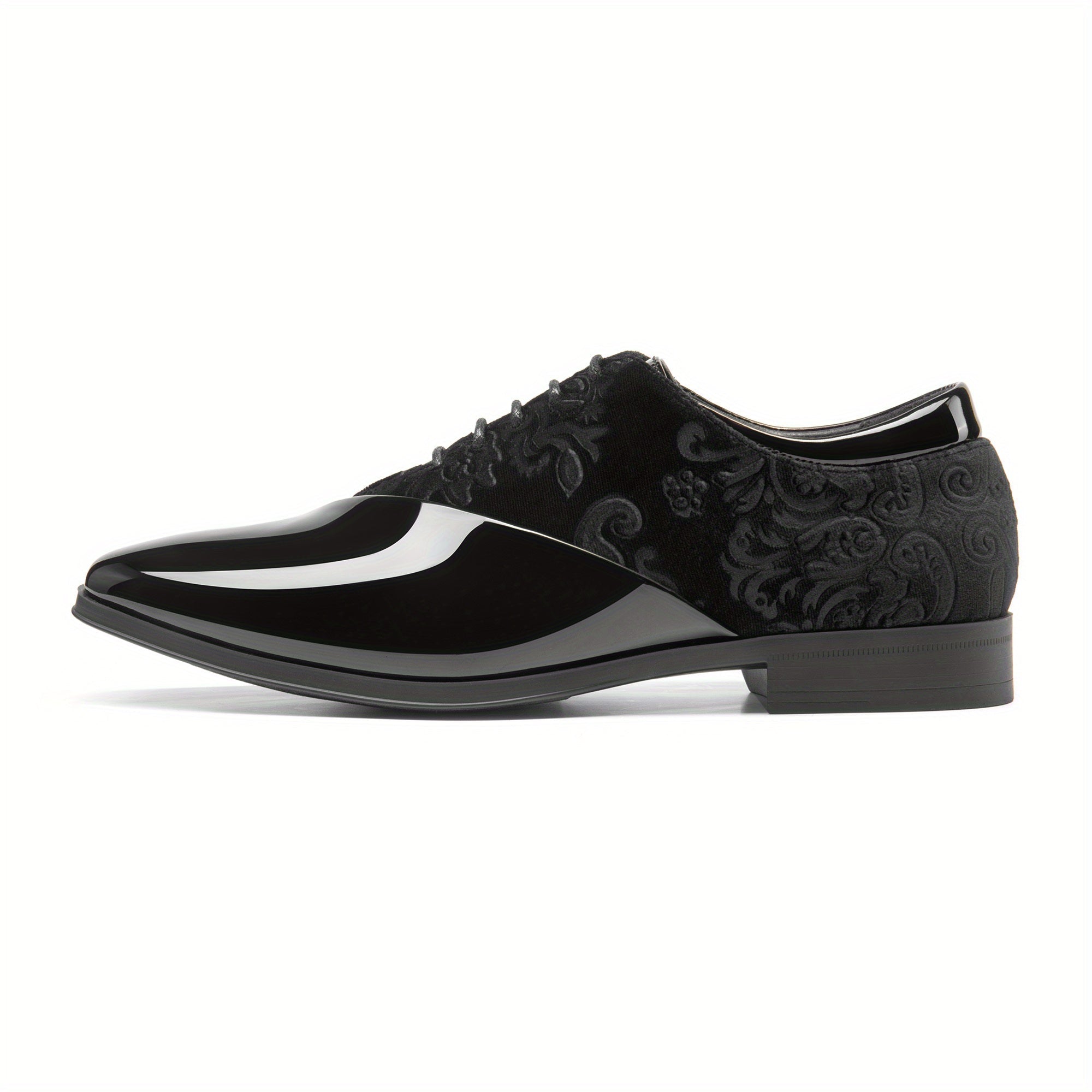 A black men's formal oxford shoe featuring a glossy patent toe and a patterned velvet quarter.