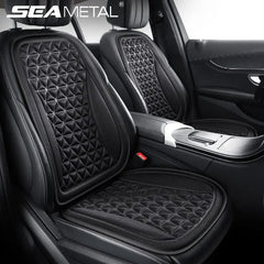 A black 3D breathable car seat cushion with a geometric pattern installed on a vehicle seat.