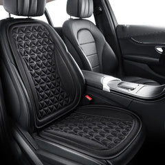 A black 3D breathable car seat cushion with a quilted convex design installed on a car seat.