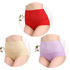 Three pairs of high-waisted cotton briefs in red, beige, and purple with a textured floral pattern.