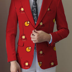 A man wears a red regular-fit blazer featuring a repeating cartoon pattern of pizza and beer.