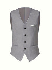 A grey, four-button men's suit vest with a chest pocket and a V-neckline.