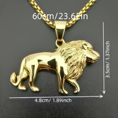 A gold-plated stainless steel lion pendant necklace for men shown with its dimensions.