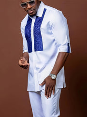 African ethnic style Men's casual suit printed shirt hem slit and rubber pants 2pcs set