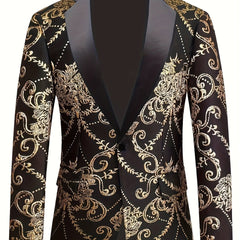 A black men's casual suit jacket featuring a gold floral 3D pattern and a solid black lapel.