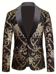 A black men's blazer featuring a gold floral pattern and a solid black shawl lapel.