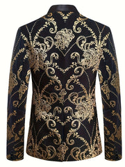 A black men's suit jacket featuring an intricate gold floral pattern throughout.