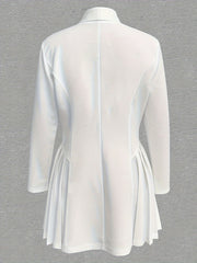 The back view of a white long-sleeved A-line dress featuring a pleated skirt and a high collar.