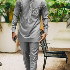 2024 Autumn New, Dashiki Men'S Set, Long Sleeve Top, Chest Embroidery, Hidden Button, Pocket, Round Neck, Split Hem, Elastic Pants, African Clothing, Men'S Casual Shirt and Trousers 2pcs Set, Four Seasons New 1 Set, Street St