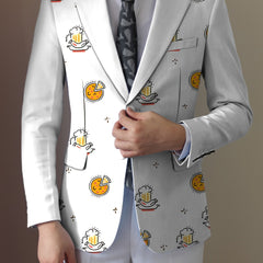A man wears a white regular fit blazer featuring a repeating cartoon food pattern.