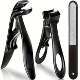 A three-piece black stainless steel nail clipper set with a matching nail file.