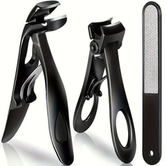 A three-piece black stainless steel nail clipper set with a matching nail file.