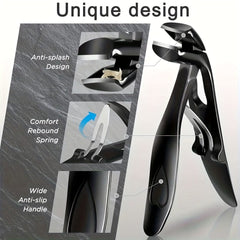 A black stainless steel nail clipper with an anti-splash design, rebound spring, and wide handle.