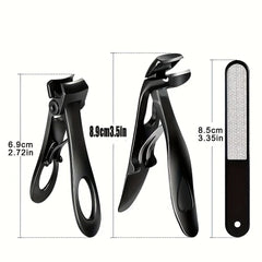A three-piece black stainless steel nail clipper set with a matching nail file and dimensions.