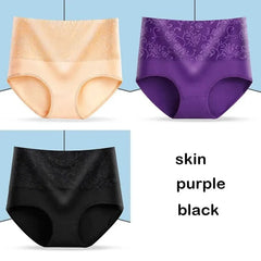 Three pairs of high-waisted seamless cotton briefs in beige, purple, and black.