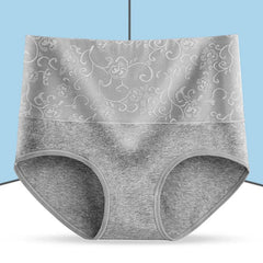 Grey high-waisted cotton briefs featuring a floral embroidered waistband.