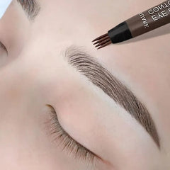 A four-pronged liquid eyebrow pen being used to draw hair-like strokes on a person's eyebrow.