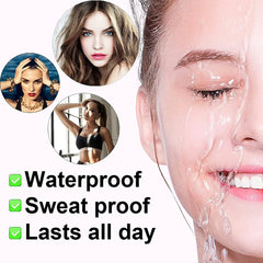 A liquid eyebrow pencil shown with images of women and water splashing on a face.