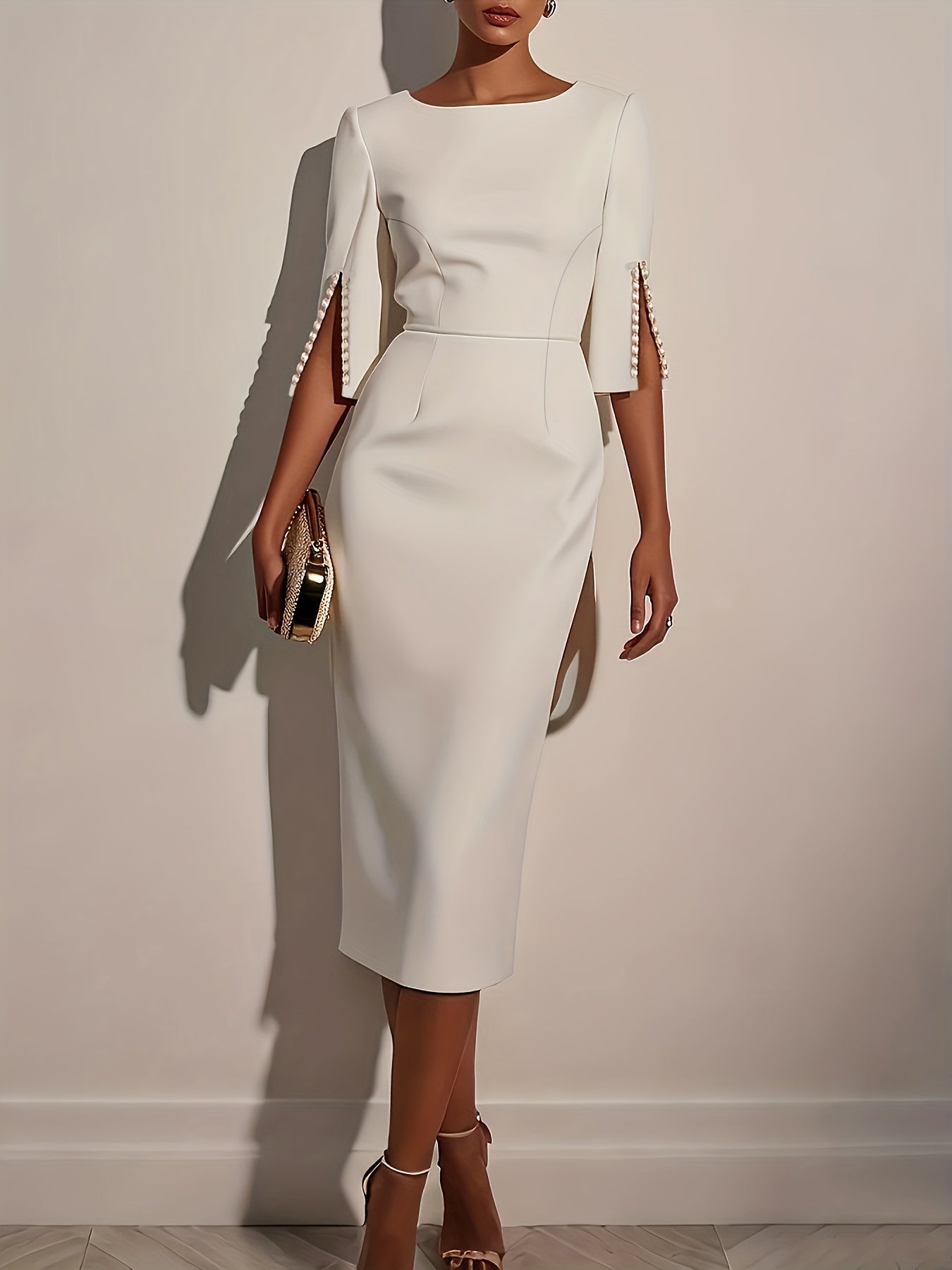 A woman wears a white knee-length pencil dress with split sleeves accented by pearl details.