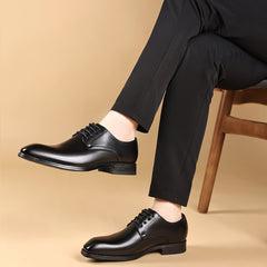 Men's Formal Business Wedding Oxford Derby Shoes - Low-Top Lace-Up Dress Shoes with Glossy Brown/Black Stripe, Pointed Toe & Rubber Sole - British Style for Office, Conference, Prom (No Maintenance Required)