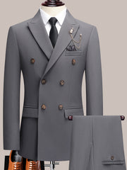 Youth Lapel Double Breasted Suit Set, Business Casual Solid Color Two-piece Set, Four Season Universal Graduation Ceremony Formal Attire, Interview Performance Dress Suit