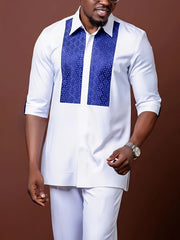 African ethnic style Men's casual suit printed shirt hem slit and rubber pants 2pcs set