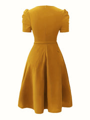 Women'S Stylish Red V-Neck Ruffle Swing Dress - Fitted, Short Sleeve, Belted, Perfect for Spring/Summer, Casual to Formal Attire, Casual Attire | Ruffle Detail | Vneckline Dress