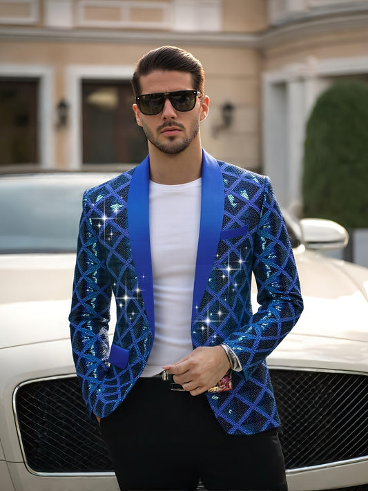 Men's Sequin-Embellished Blazer - Notched Lapel Party Jacket, Structured H-Fit Formal Coat for Weddings, Stage Performances, Events - Year-Round Evening Attire with Button Front Closure, Wedding Guest Attire, Notch Lapel Desi